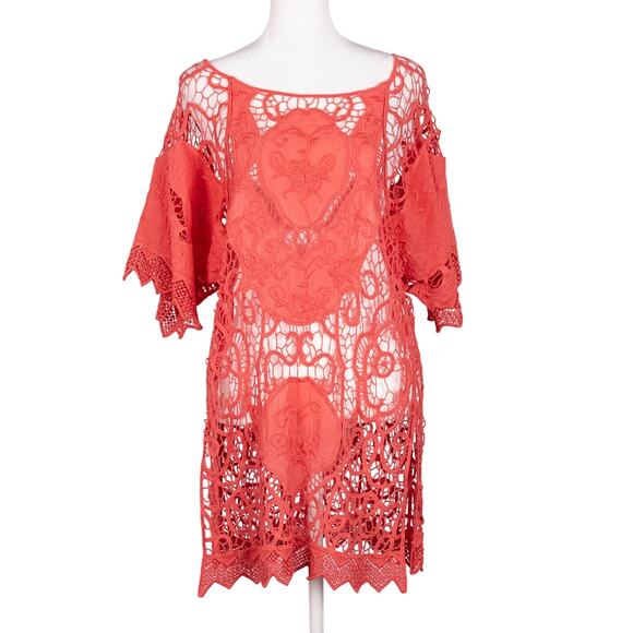XCVI Tops - XCVI Coral Crochet Tunic Top Beach Cover-Up Size 2 Boho Festival Coastal Fairy